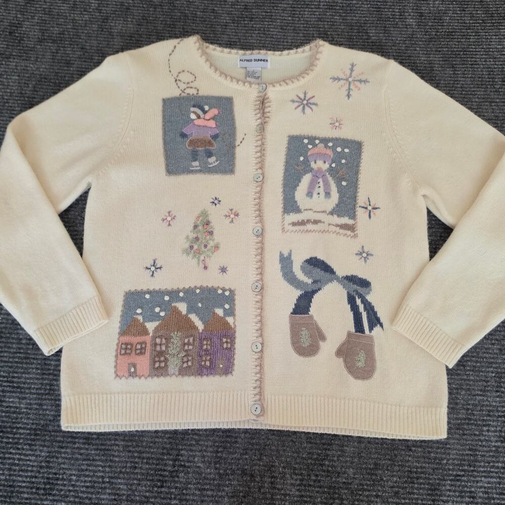 Alfred Dunner Vintage Large Winter Snowman Christmas Cream Cardigan Sweater - Picture 2 of 8